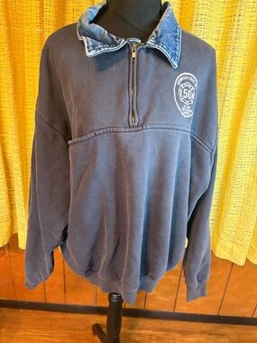 Vintage Fire Department Denim Elbows Denim Collared Quarter Zip XL Jacket